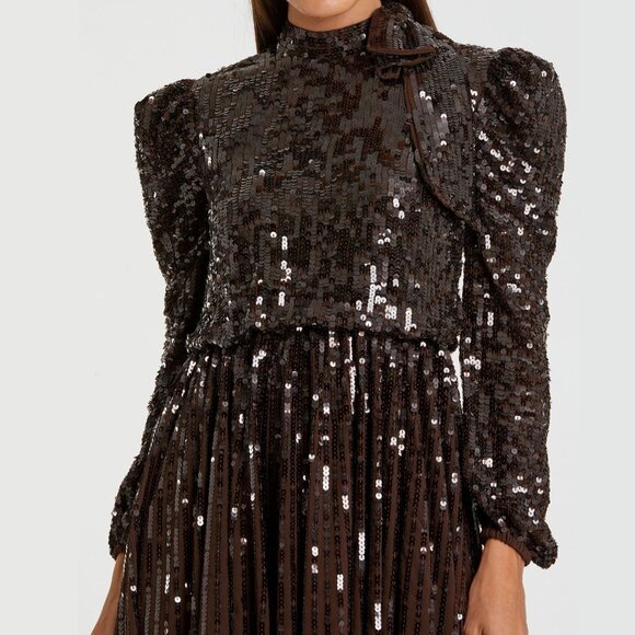 NWT Mac Duggal Long Sleeve Sequin Tea Length Dress 18 Dark Chocolate #8056 - Picture 2 of 11